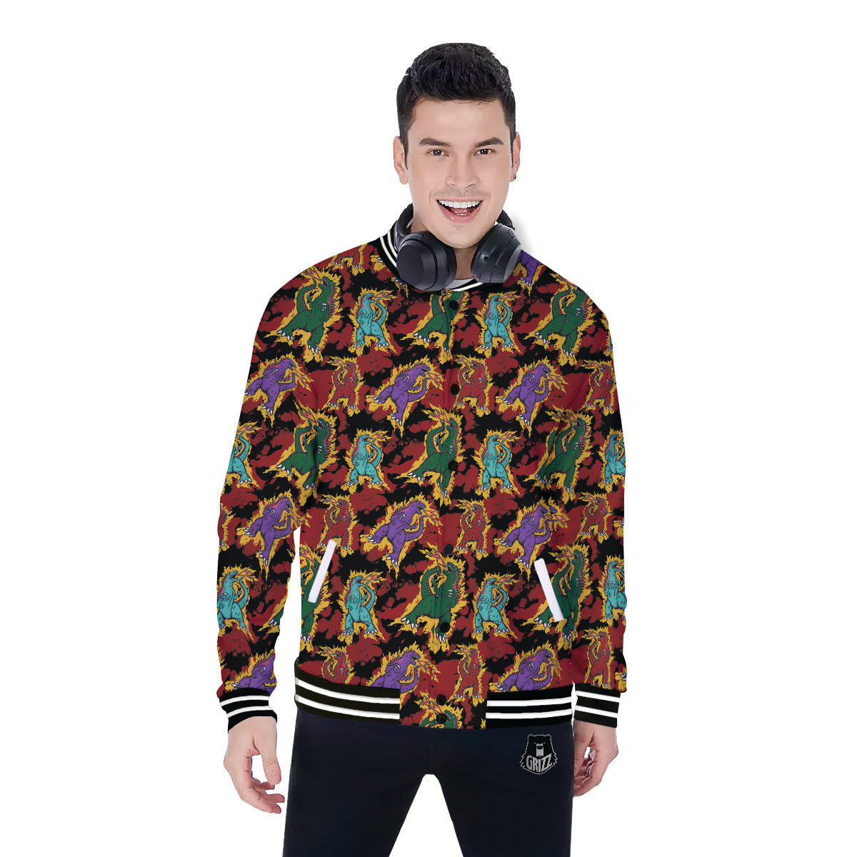 Tie Dye And Godzilla Print Pattern Baseball Jacket-grizzshop