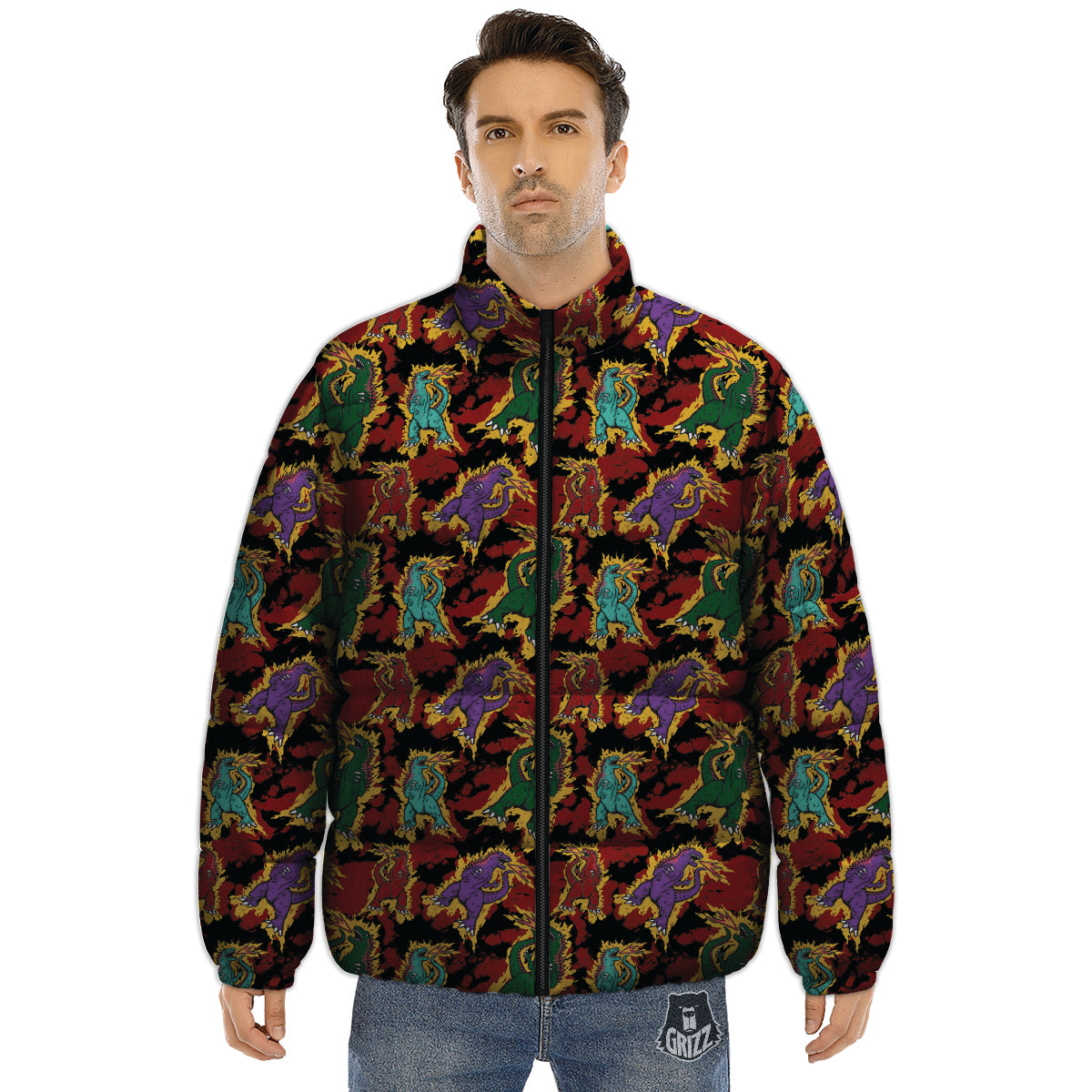 Tie Dye And Godzilla Print Pattern Puffer Jacket-grizzshop