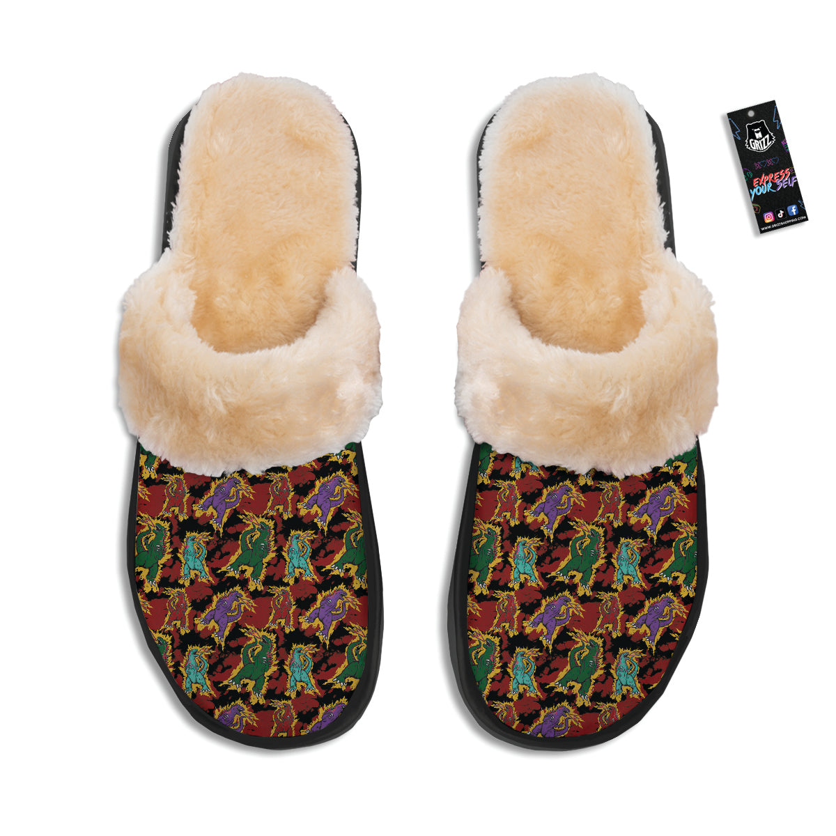 Tie Dye And Godzilla Print Pattern Slippers-grizzshop