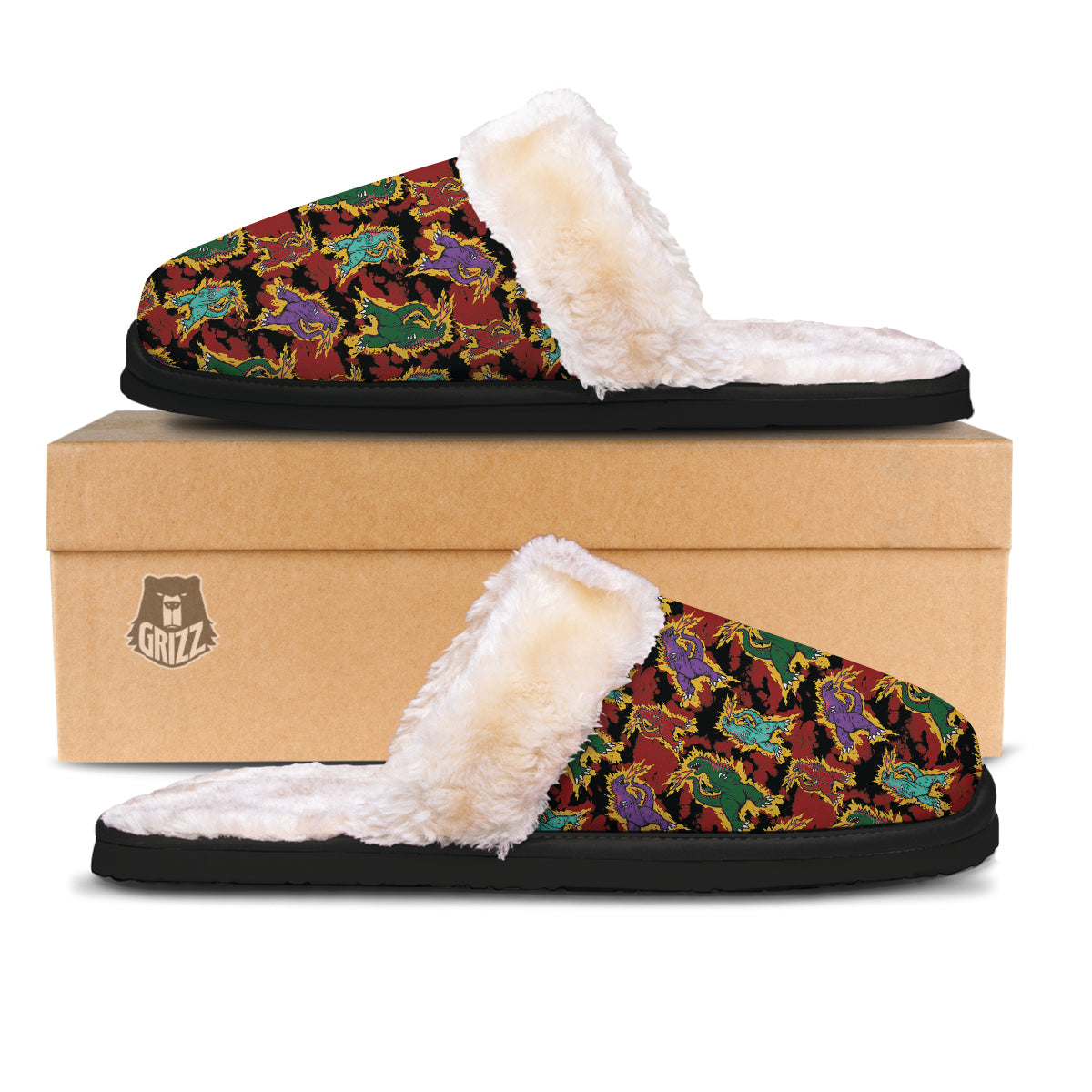 Tie Dye And Godzilla Print Pattern Slippers-grizzshop