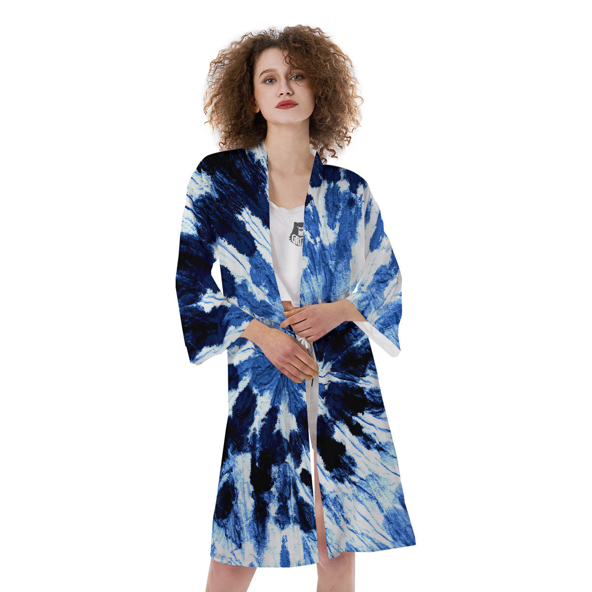 Tie Dye Black And Blue Print Kimono-grizzshop