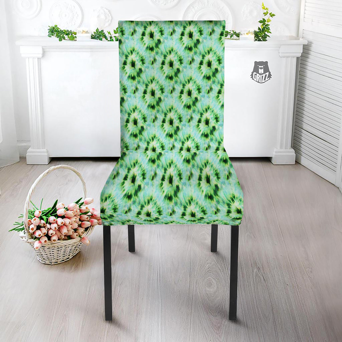 Tie Dye Black Green Watercolor Print Dining Chair Slipcover-grizzshop