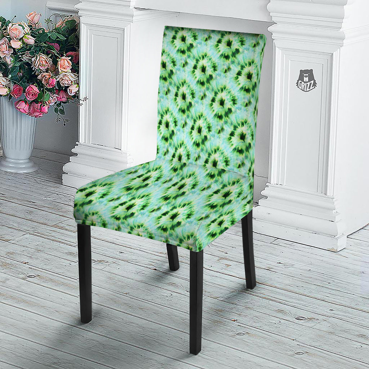 Tie Dye Black Green Watercolor Print Dining Chair Slipcover-grizzshop