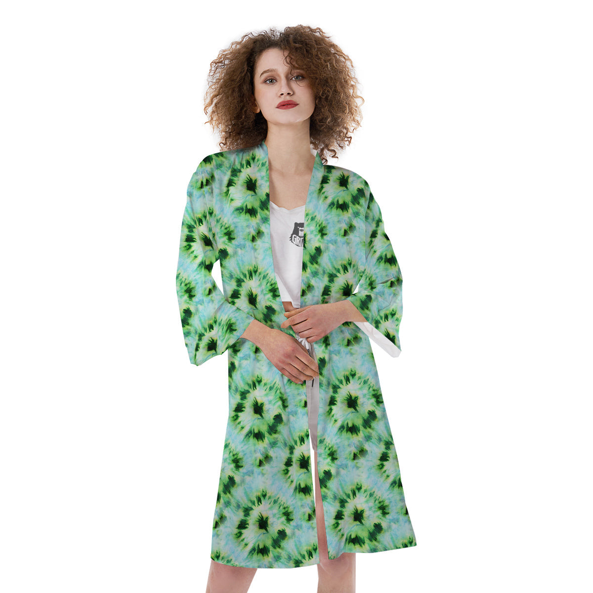 Tie Dye Black Green Watercolor Print Kimono-grizzshop