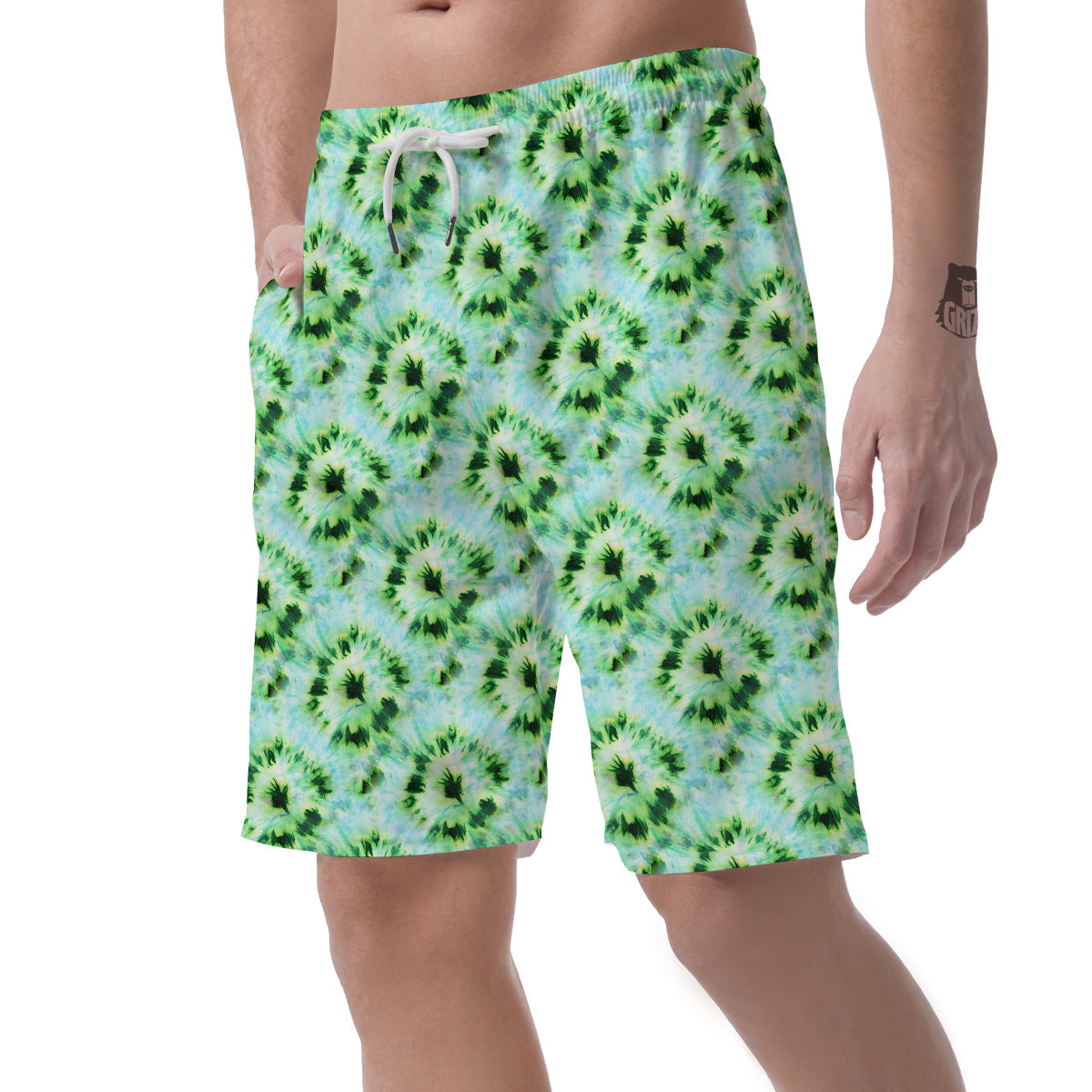 Tie Dye Black Green Watercolor Print Men's Shorts-grizzshop