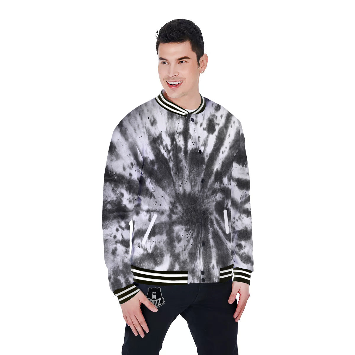Tie Dye Black White Print Pattern Baseball Jacket-grizzshop