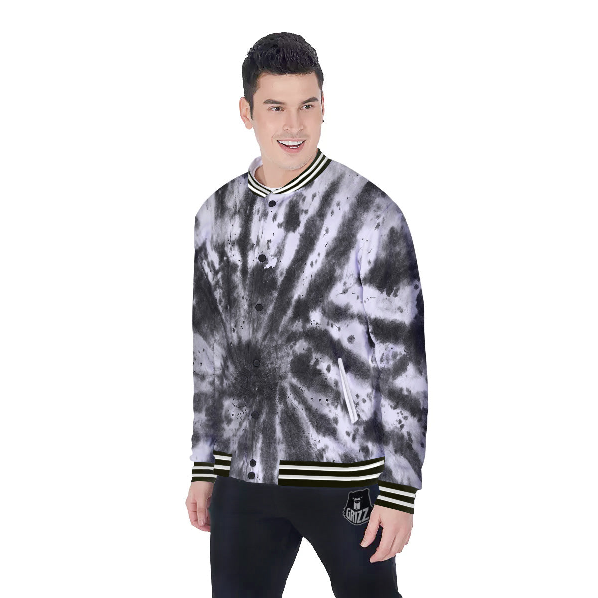 Tie Dye Black White Print Pattern Baseball Jacket-grizzshop