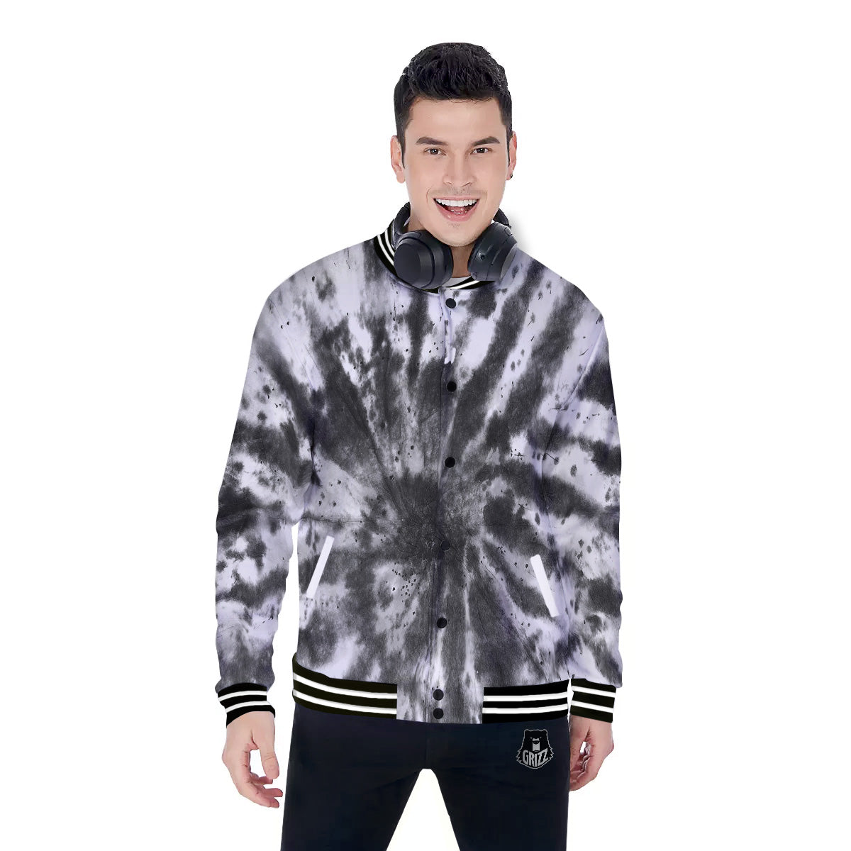 Tie Dye Black White Print Pattern Baseball Jacket-grizzshop