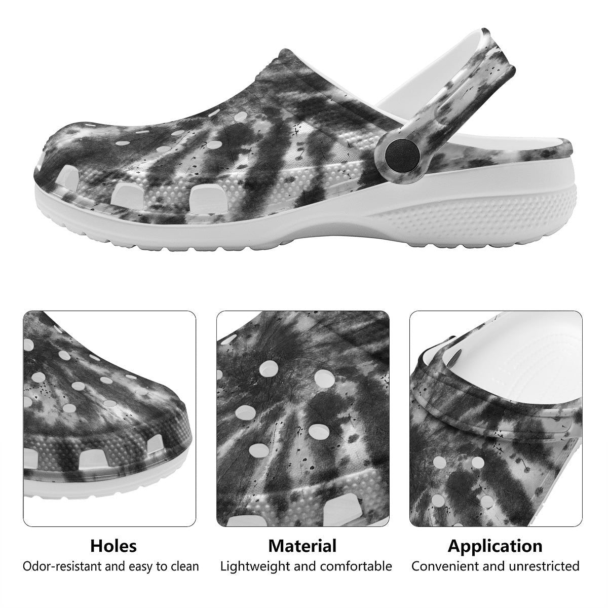 Tie Dye Black White Print Pattern Clog-grizzshop