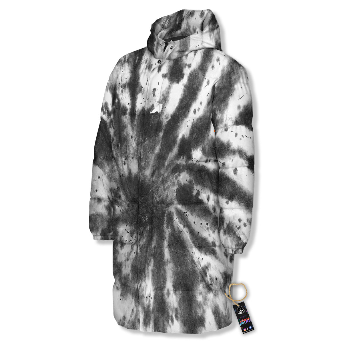 Tie Dye Black White Print Pattern Long Down Jacket-grizzshop