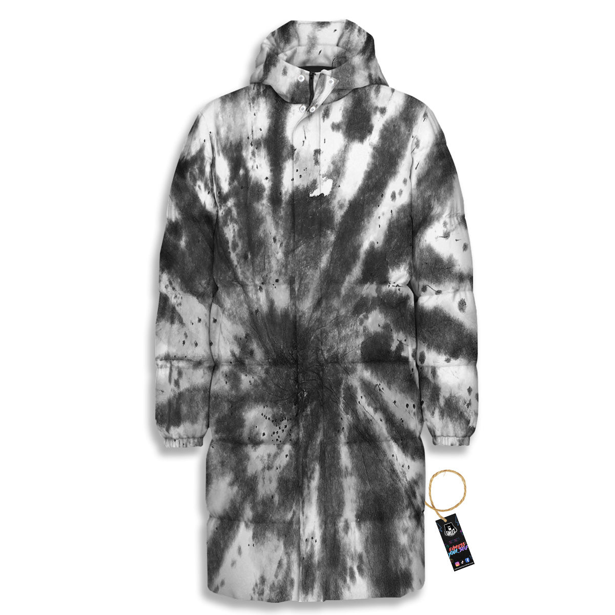 Tie Dye Black White Print Pattern Long Down Jacket-grizzshop