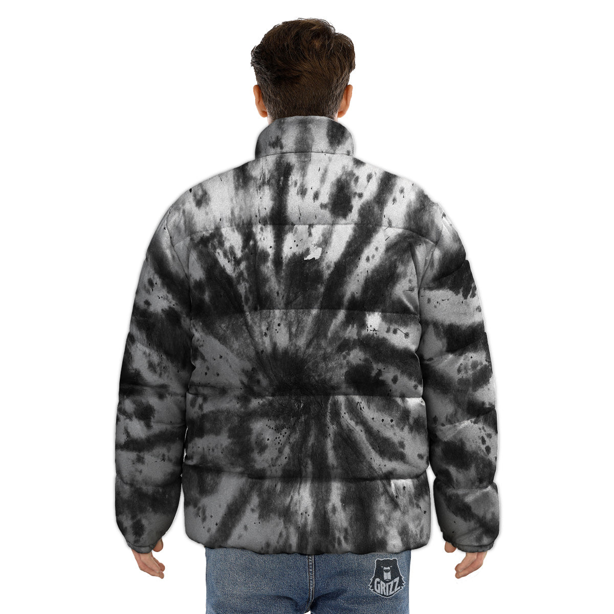 Tie Dye Black White Print Pattern Puffer Jacket-grizzshop