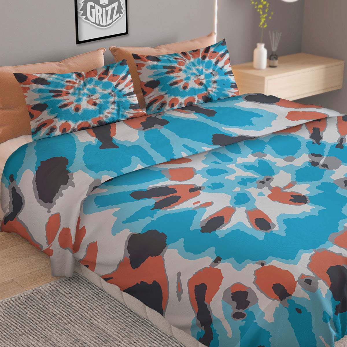 Tie Dye Blue And Orange Print Duvet Cover Bedding Set