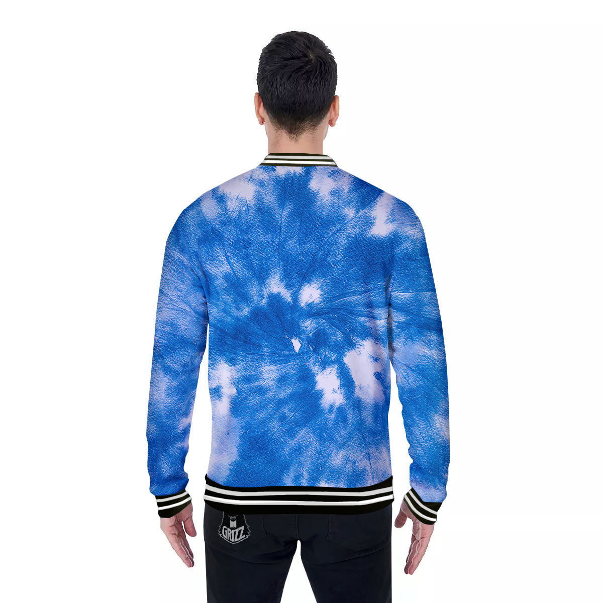 Tie Dye Blue And White Print Baseball Jacket-grizzshop