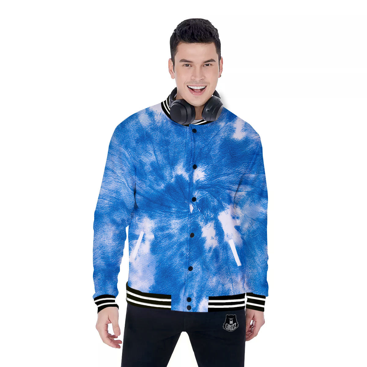 Tie Dye Blue And White Print Baseball Jacket-grizzshop