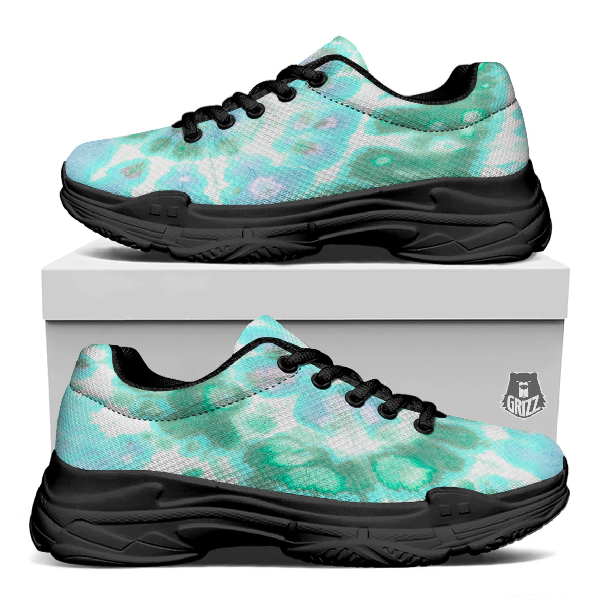 Tie Dye Blue Green And White Print Black Chunky Shoes-grizzshop