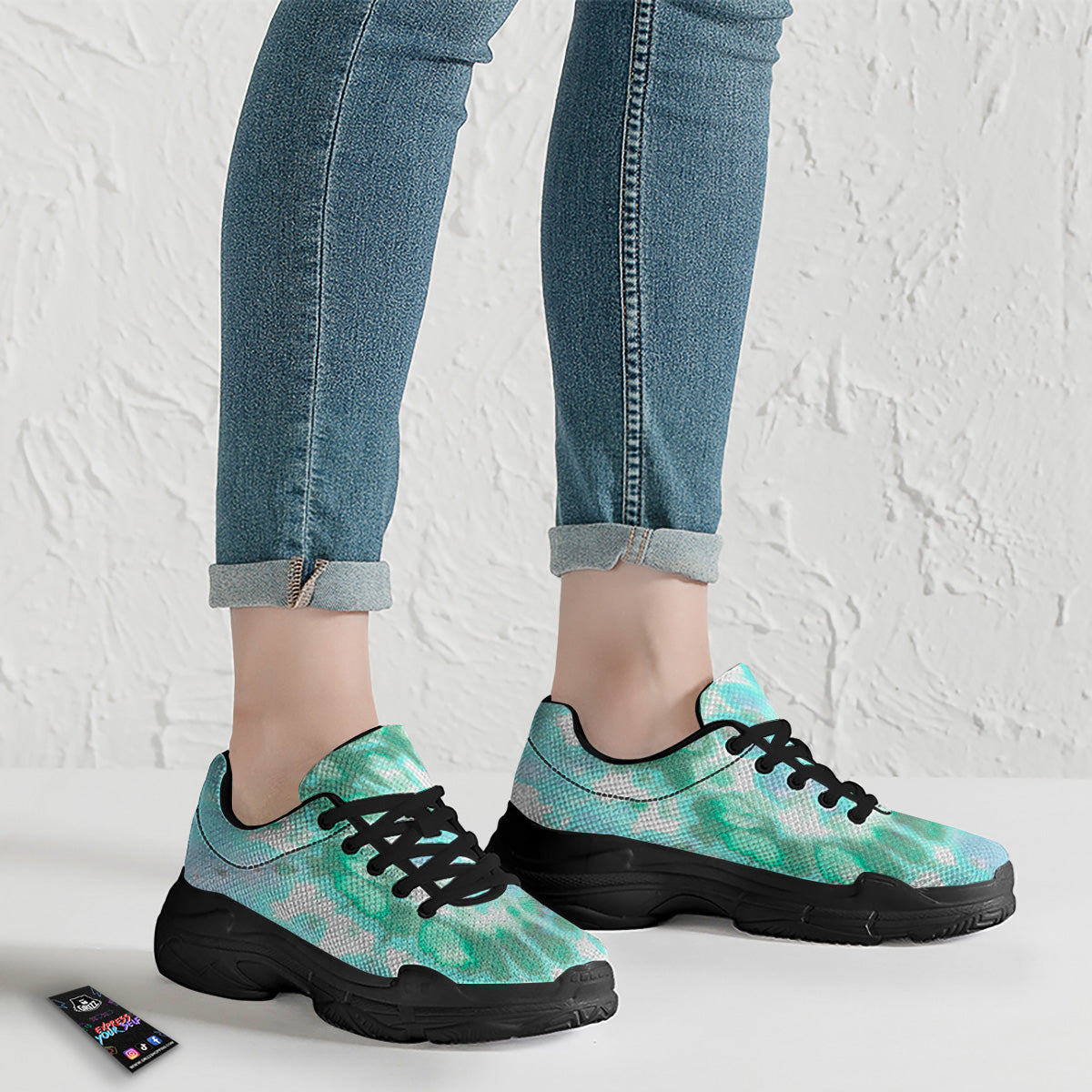 Tie Dye Blue Green And White Print Black Chunky Shoes-grizzshop