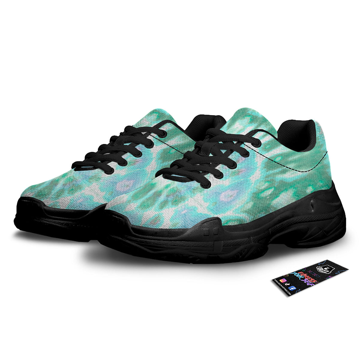 Tie Dye Blue Green And White Print Black Chunky Shoes-grizzshop