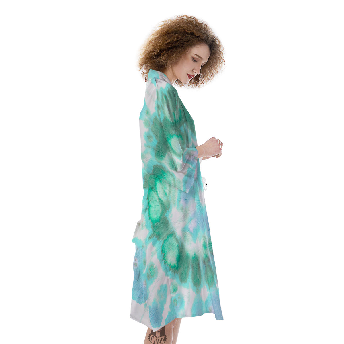 Tie Dye Blue Green And White Print Kimono-grizzshop