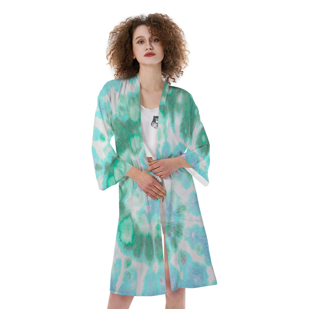 Tie Dye Blue Green And White Print Kimono-grizzshop