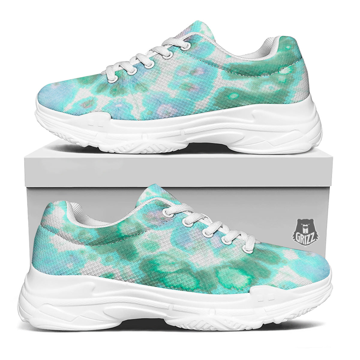 Tie Dye Blue Green And White Print White Chunky Shoes-grizzshop