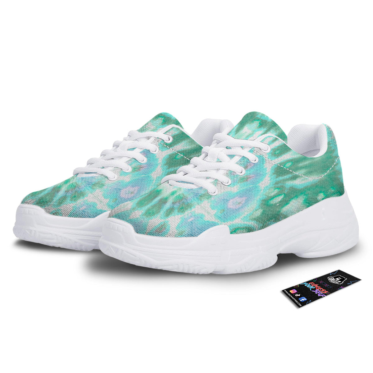 Tie Dye Blue Green And White Print White Chunky Shoes-grizzshop