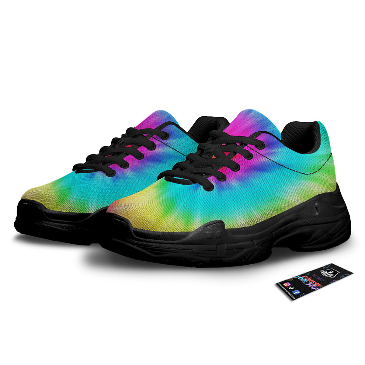 Tie Dye Blue Pink And Yellow Print Black Chunky Shoes-grizzshop