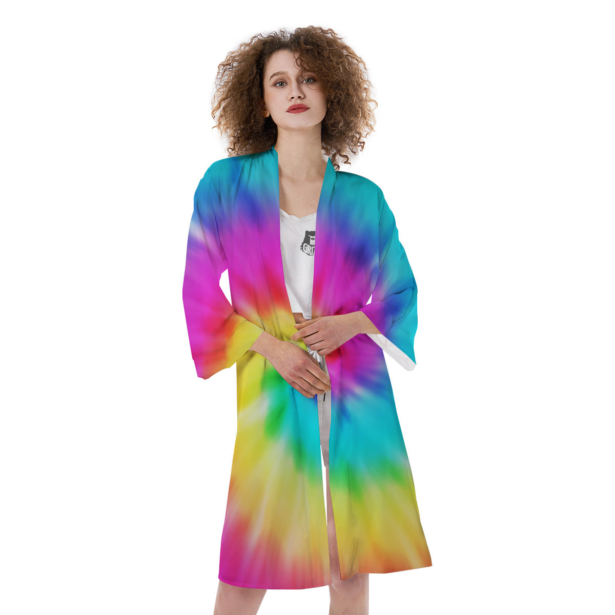 Tie Dye Blue Pink And Yellow Print Kimono-grizzshop