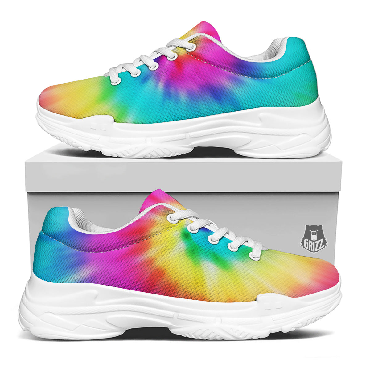 Tie Dye Blue Pink And Yellow Print White Chunky Shoes-grizzshop