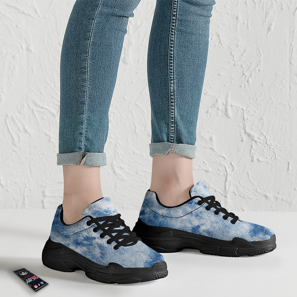 Tie Dye Blue Print Black Chunky Shoes-grizzshop