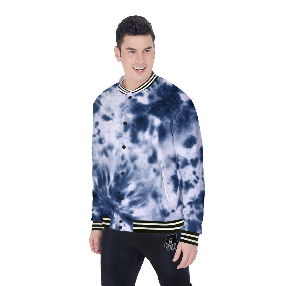 Tie Dye Blue Shibori Print Baseball Jacket-grizzshop