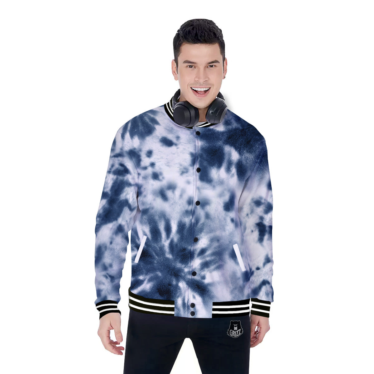 Tie Dye Blue Shibori Print Baseball Jacket-grizzshop