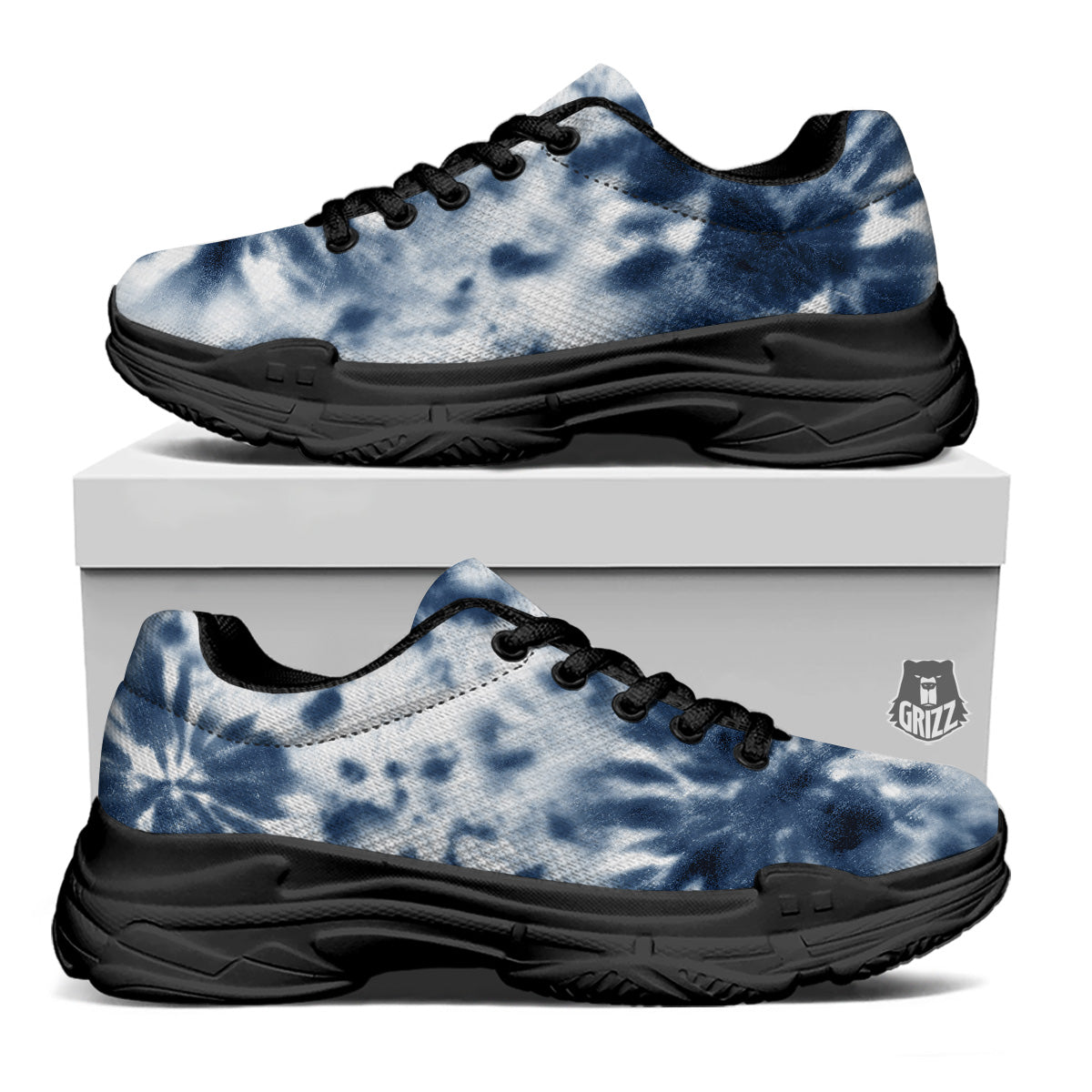 Tie Dye Blue Shibori Print Black Chunky Shoes-grizzshop