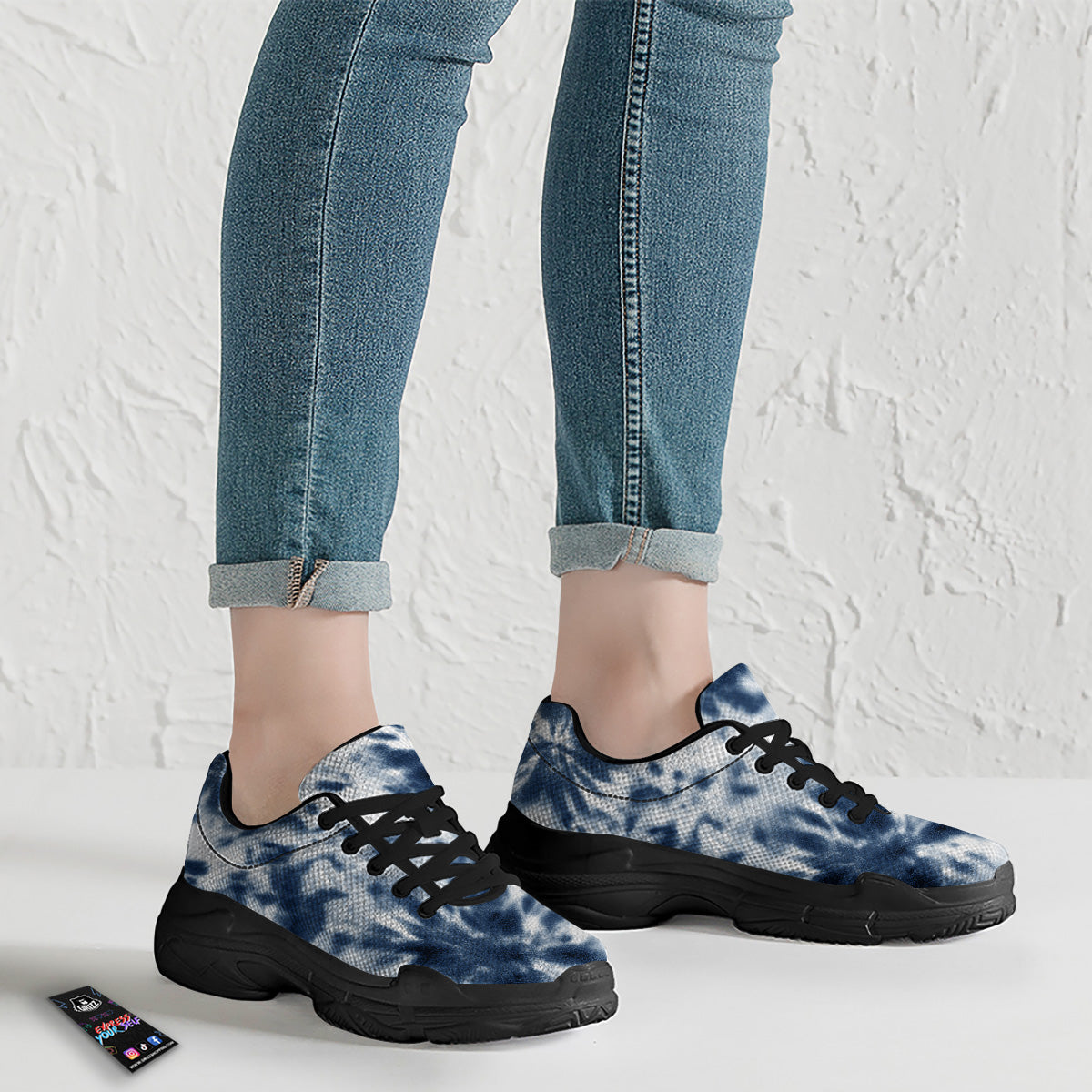 Tie Dye Blue Shibori Print Black Chunky Shoes-grizzshop