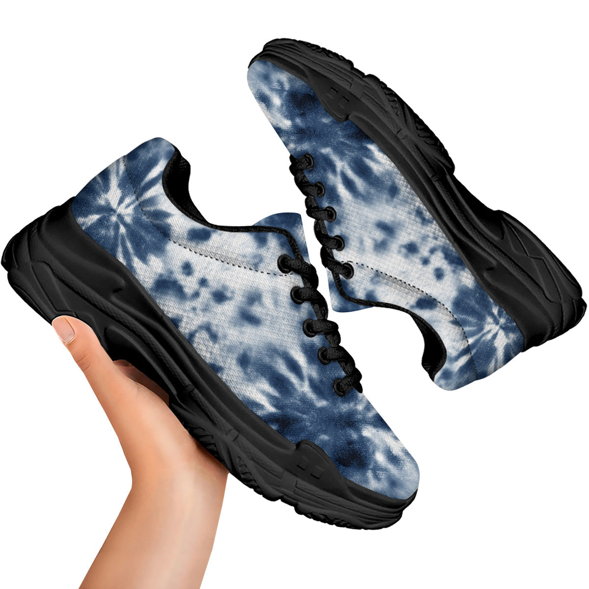 Tie Dye Blue Shibori Print Black Chunky Shoes-grizzshop