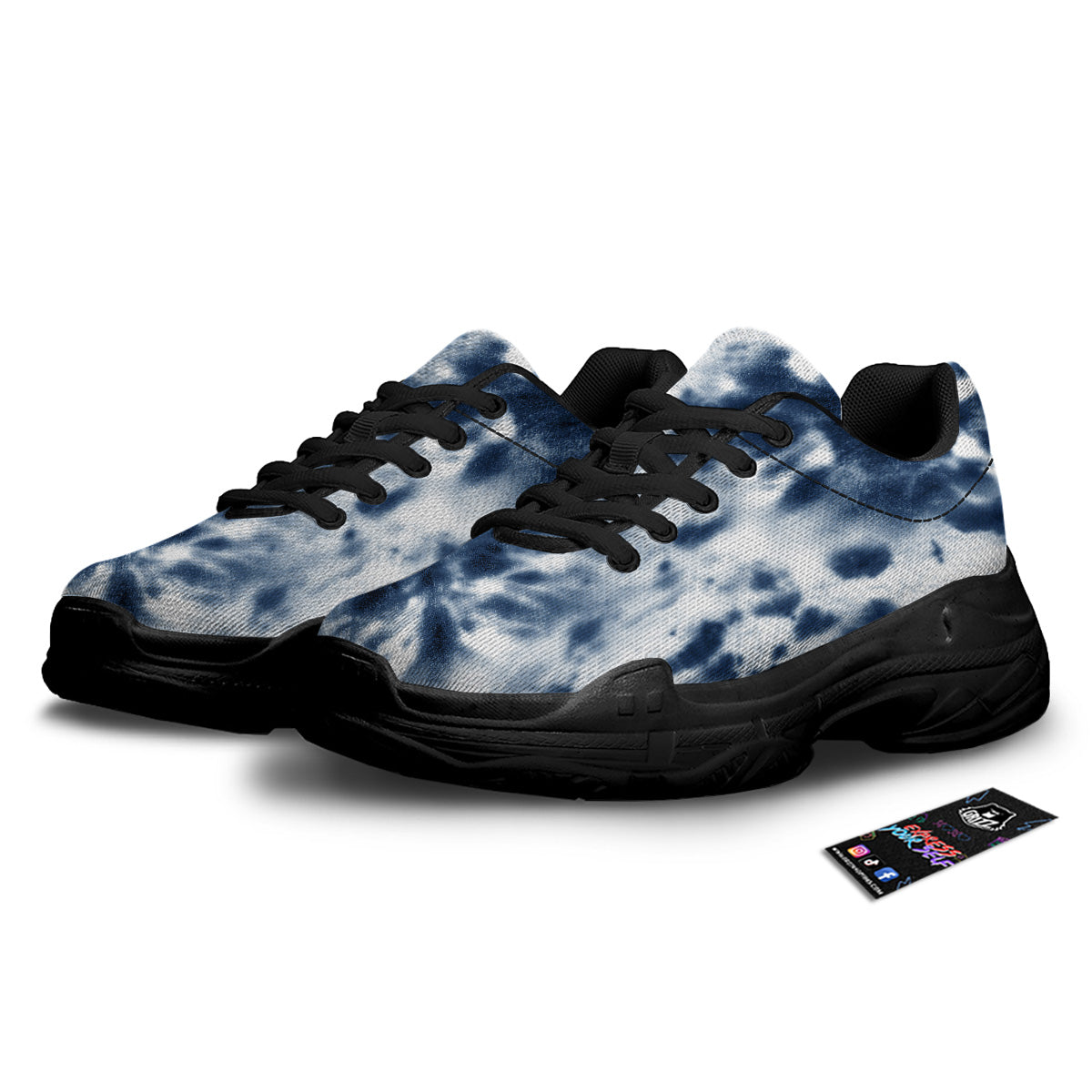 Tie Dye Blue Shibori Print Black Chunky Shoes-grizzshop
