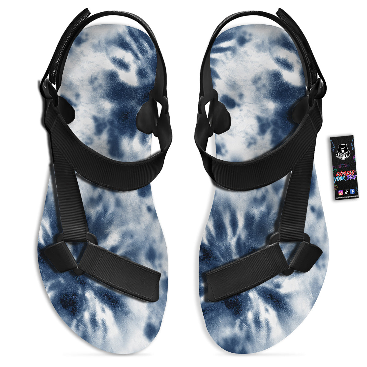 Tie Dye Blue Shibori Print Black Open Toe Sandals-grizzshop