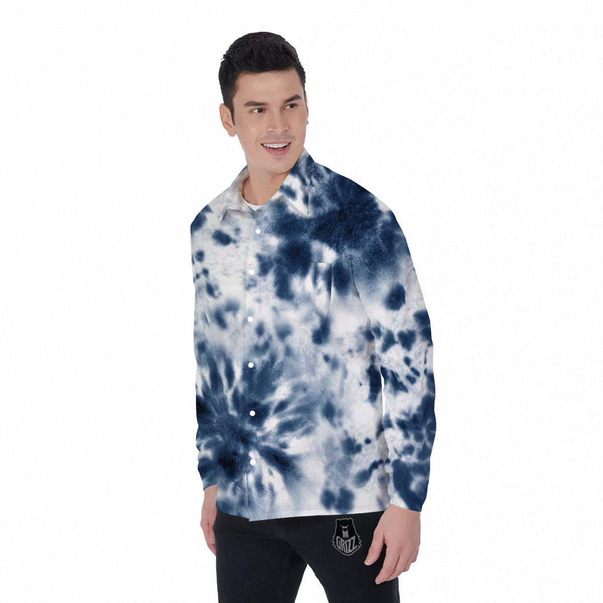 Tie Dye Blue Shibori Print Men's Long Sleeve Shirts-grizzshop