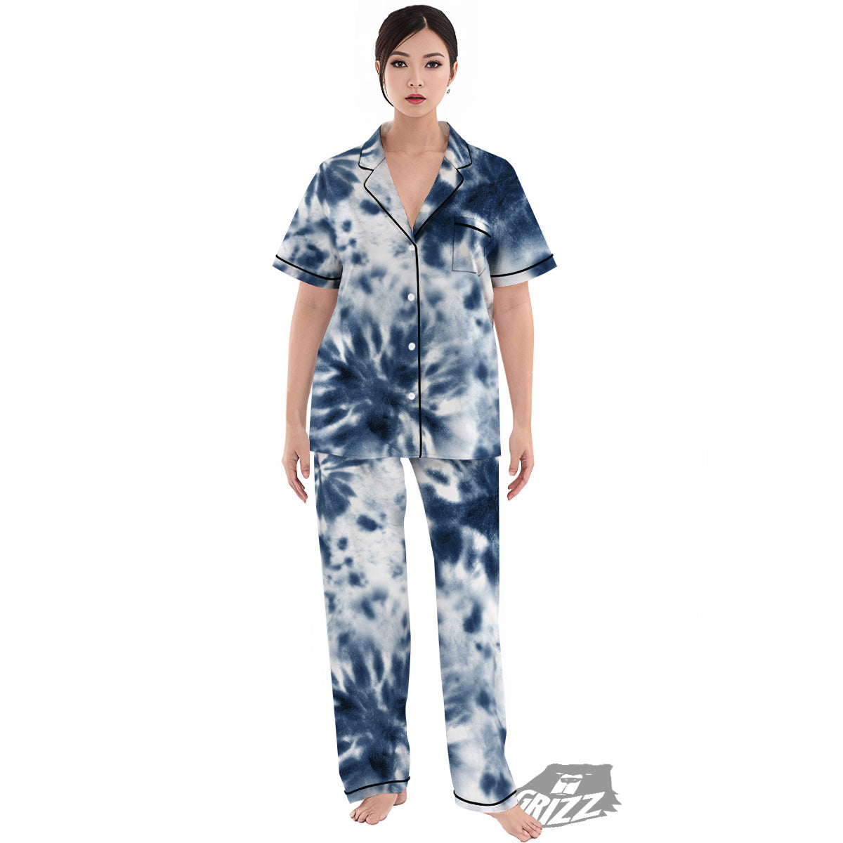 Tie Dye Blue Shibori Print Women's Pajamas Set-grizzshop