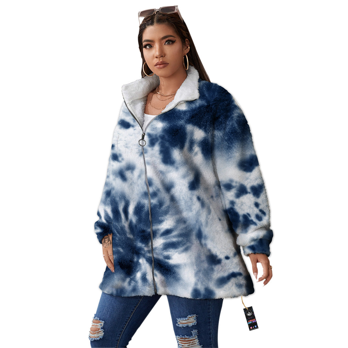 Tie Dye Blue Shibori Print Women's Sherpa Jacket-grizzshop
