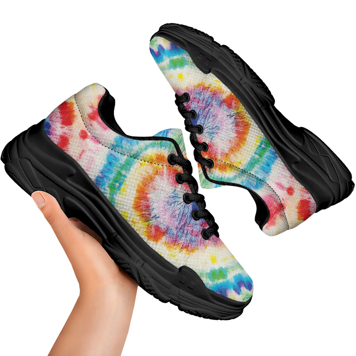 Tie Dye Bright Spiral Print Black Chunky Shoes-grizzshop