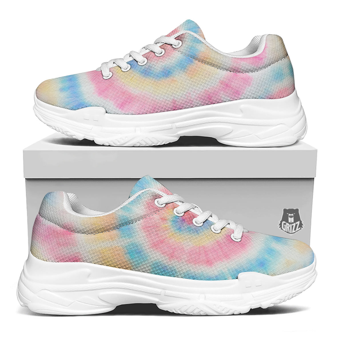 Tie Dye Bright Swirl Print White Chunky Shoes-grizzshop