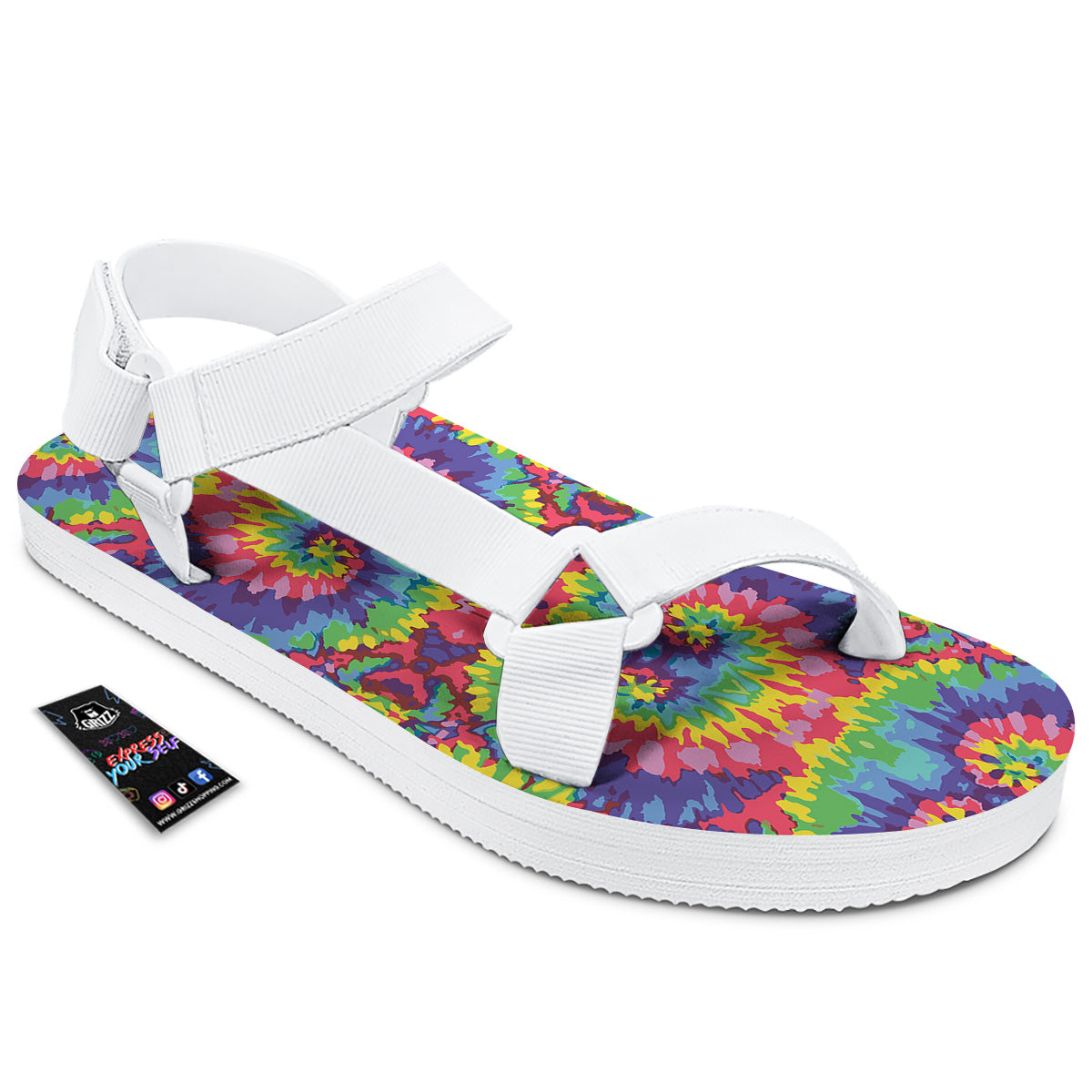 Tie Dye Colorful Abstract Print Pattern White Open Toe Sandals-grizzshop