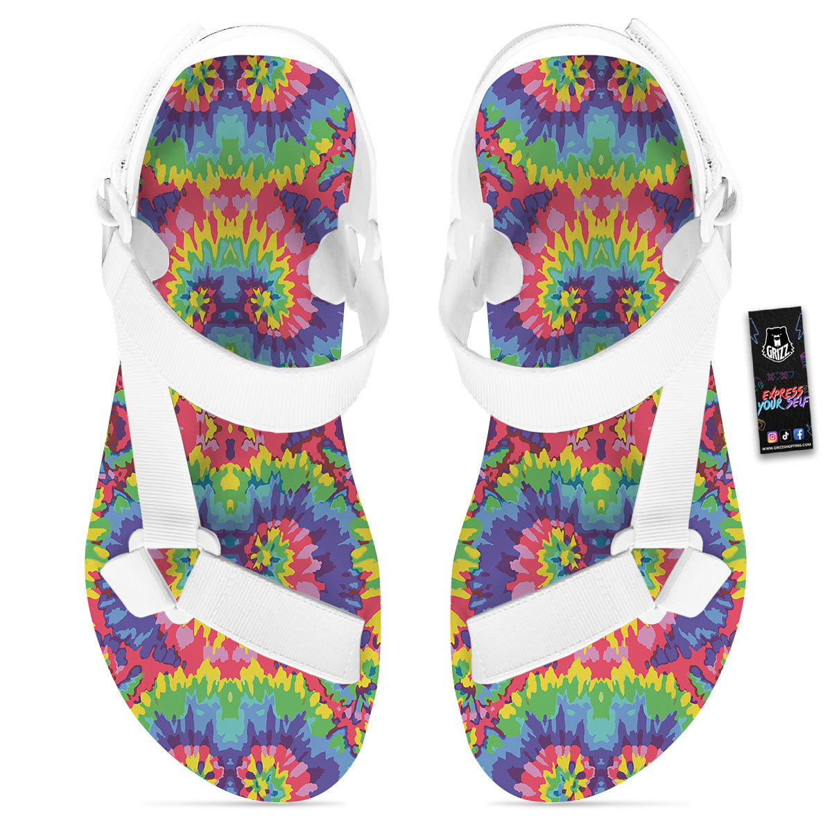 Tie Dye Colorful Abstract Print Pattern White Open Toe Sandals-grizzshop