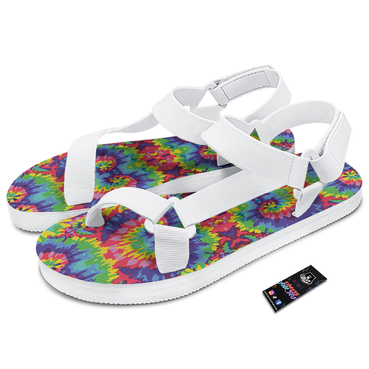 Tie Dye Colorful Abstract Print Pattern White Open Toe Sandals-grizzshop
