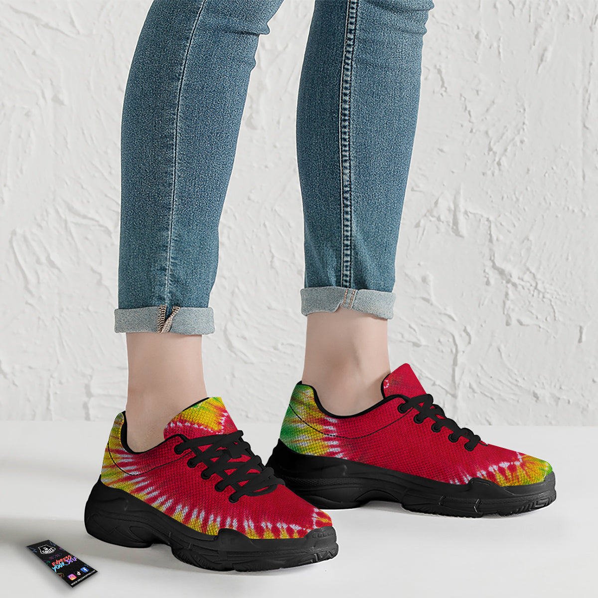 Tie Dye Colorful Heart Print Black Chunky Shoes-grizzshop