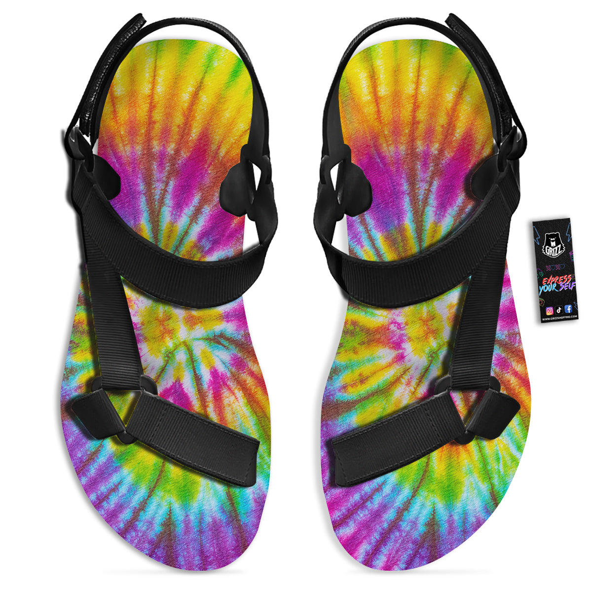 Tie Dye Colorful Hippie Print Black Open Toe Sandals-grizzshop