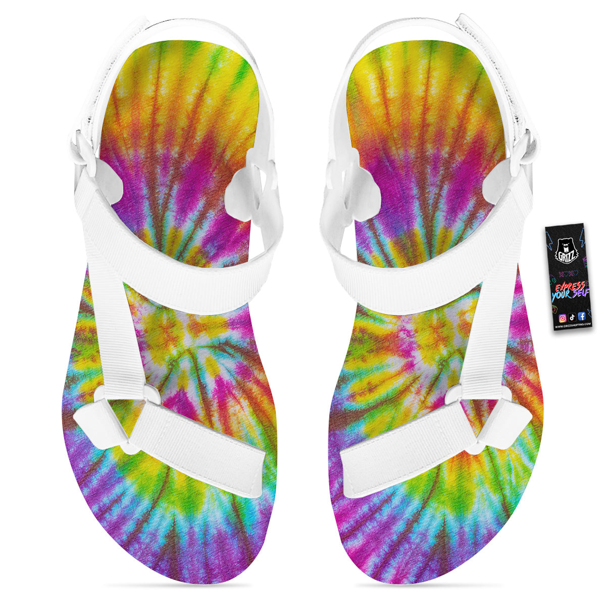 Tie Dye Colorful Hippie Print White Open Toe Sandals-grizzshop