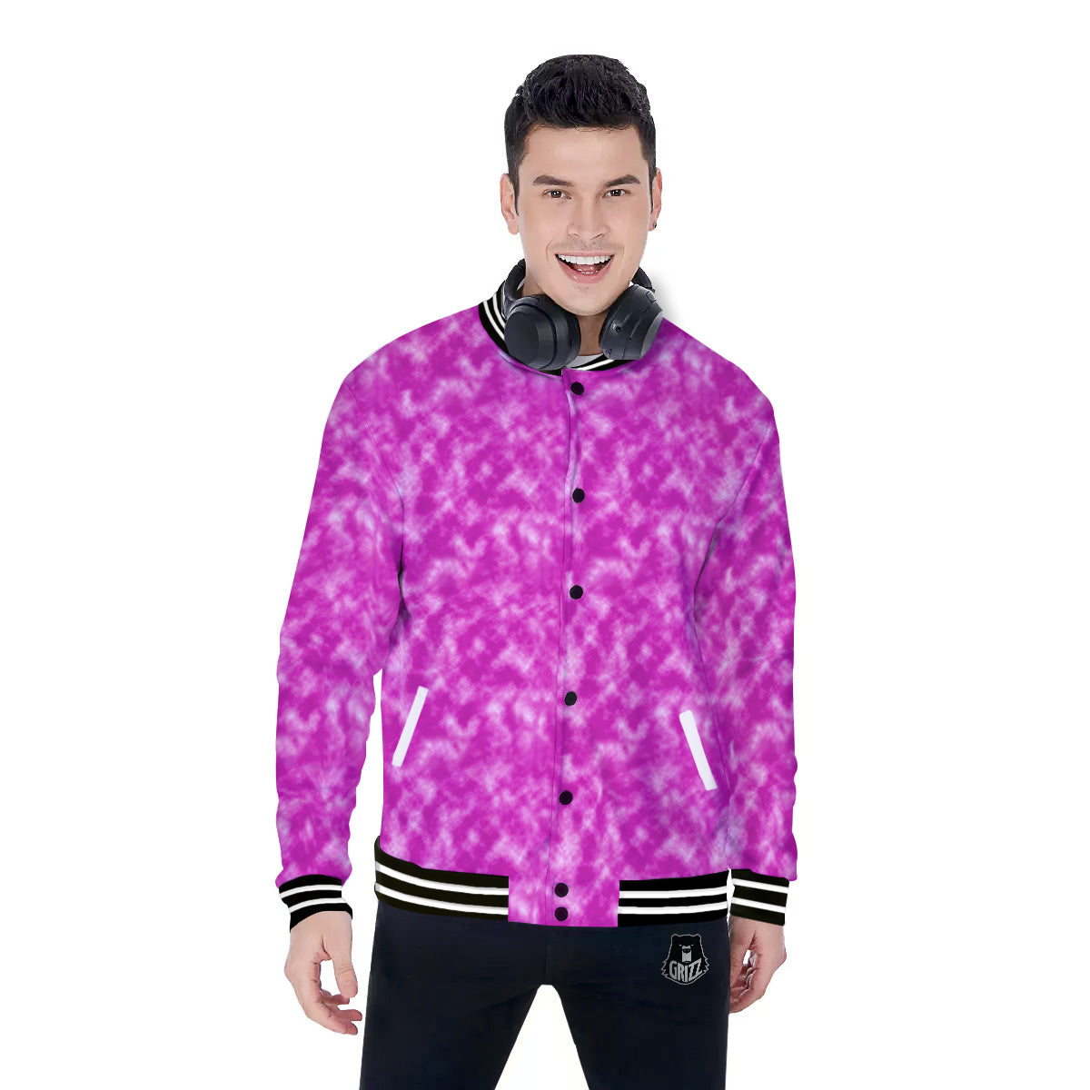 Tie Dye Hot Pink Print Pattern Baseball Jacket-grizzshop