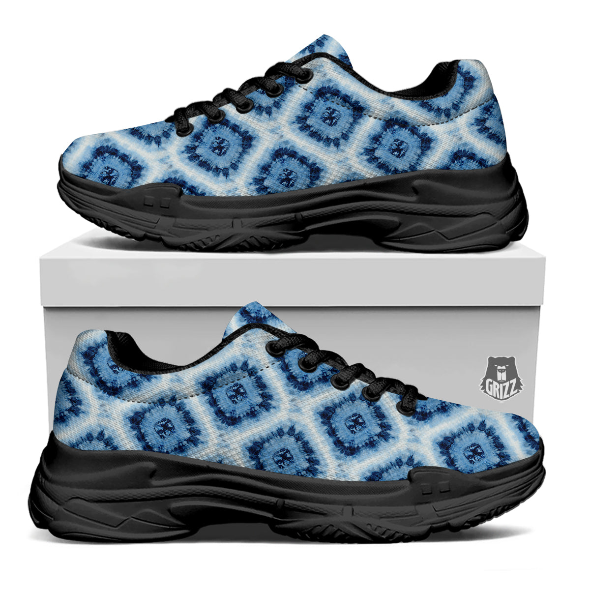 Tie Dye Indigo Color Blue Print Black Chunky Shoes-grizzshop
